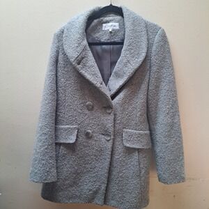 Calvin Klein Women Double Breasted Wool Blend Boucle Coat Grey Size 8